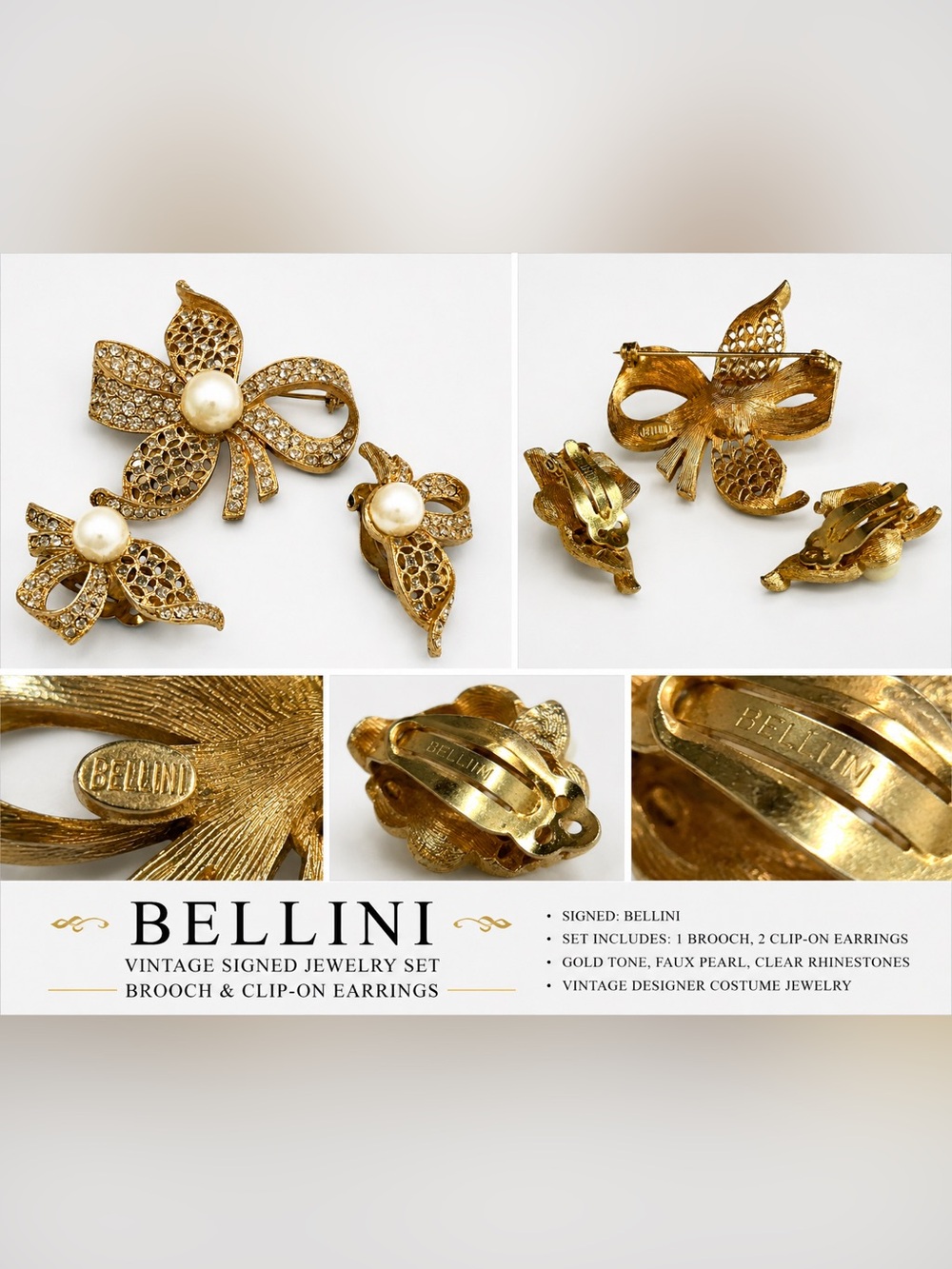 Vintage Bellini Gold Bow Brooch & Earrings with Faux Pearl and Crystal Accents